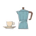 Set of coffee elements and coffee accessories. Geyser coffee maker and a cup of coffee