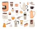 Set of coffee elements. Coffee equipment, coffee machine, coffee grinder, cups and sweets. Collection for menu, cafe. Vector Royalty Free Stock Photo