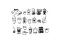 Set of coffee elements, kettle, mug and cups . Trending vector doodle illustrations for coffee shop and restaurant menu Royalty Free Stock Photo