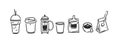 Set of coffee elements, kettle, packaging, mug and cups of coffee to go. Trending vector doodle illustrations and icons