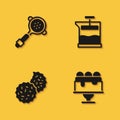 Set Coffee filter holder, Cake, Cookie or biscuit and French press icon with long shadow. Vector Royalty Free Stock Photo