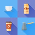 Set of coffee flat style icons. Coffee cup, pot and packaging. Royalty Free Stock Photo