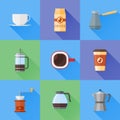 Set of coffee flat style icons with long shadow. Vector illustration. Royalty Free Stock Photo