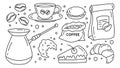 A set of coffee illustrations. Cup, turkey, macaroons, cake, coffee beans. Royalty Free Stock Photo