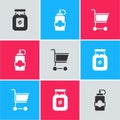 Set Coffee jar bottle, Sauce and Shopping cart icon. Vector Royalty Free Stock Photo