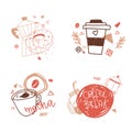 Set of coffee labels with lettering in modern line art style for cafe identity, posters, banners Royalty Free Stock Photo