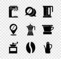 Set Coffee machine, and conversation, Electric kettle, Manual coffee grinder, beans, Teapot, Location with and moca icon Royalty Free Stock Photo