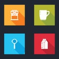 Set Coffee machine, cup, filter holder and Bag coffee beans icon. Vector Royalty Free Stock Photo