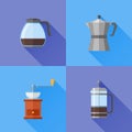 Set of coffee makers flat style icons. French press, coffee pot and grinder.