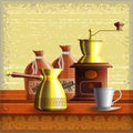 Set of coffee mill, turkish cezve, textile bags and small white cup Royalty Free Stock Photo