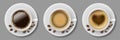 Set of coffee mug top view with coffee beans. Cappuccino espresso, latte, mocha, americano in realistic white cup