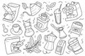 Set of coffee outline drawings, utensils, equipment and tools for various kinds of brewing coffee. Linear isolated