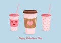 Set of coffee paper cups with a cute face and hearts for a postcard, textiles, decor, poster. Vector illustration of a Royalty Free Stock Photo