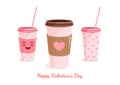 Set of coffee paper cups with a cute face and hearts for a postcard, textiles, decor, poster. Vector illustration of a Royalty Free Stock Photo