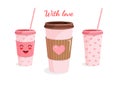 Set of coffee paper cups with a cute face and hearts for a postcard, textiles, decor, poster. Vector illustration of a Royalty Free Stock Photo