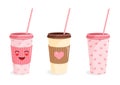 Set of coffee paper cups with a cute face and hearts for a postcard, textiles, decor, poster. Vector illustration of a Royalty Free Stock Photo