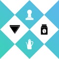 Set Coffee paper filter, Teapot, tamper and Bag coffee beans icon. Vector