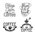 Set of coffee related typography. Quotes about coffee. Vintage vector illustrations. Royalty Free Stock Photo