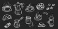 Set of coffee in retro style drawing with chalk on chalkboard background. Royalty Free Stock Photo