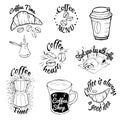 Set of coffee shop logos. Coffee labels with sample text. Mugs, beans and coffee equipment icons for coffeehouse, espresso bar, re Royalty Free Stock Photo