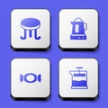 Set Coffee table, Electric kettle, Candy and French press icon. White square button. Vector Royalty Free Stock Photo