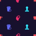 Set Coffee tamper, cup to go, Barista and on seamless pattern. Vector Royalty Free Stock Photo