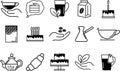 Set of coffee and tea icons. Contain cup of coffee or tea, different birthday cakes, chocolate and hands.