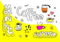 Set of coffee time elements with food, coffee beans, glass, milk and lettering text.vector illustration