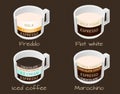 Set of coffee types fredo, flat white, iced coffee and marochino Royalty Free Stock Photo