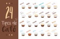 Set of 24 Coffee Types and their preparation in cartoon style. Names in Spanish Royalty Free Stock Photo