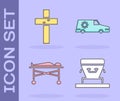 Set Coffin, Christian cross, Dead body in the morgue and Hearse car icon. Vector