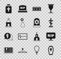 Set Coffin with cross, Speech bubble rip death, Grave, Flower vase, Old crypt, Funeral urn and star david icon. Vector