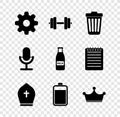 Set Cogwheel gear settings, Dumbbell, Trash can, Pope hat, Battery and Crown icon. Vector