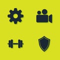 Set Cogwheel gear settings, Shield, Dumbbell and Movie or Video camera icon. Vector