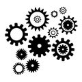 Set cogwheel silhouette pattern, isolated white color background. Techno vector pattern. Collection with from different
