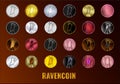 Set coin icon Ravencoin cryptocurrency icon. Digital currency. Altcoin symbol. Secure cryptocurrency based on blockchain