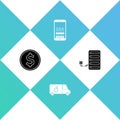 Set Coin money with dollar, Car service, Mobile Question and Exclamation and Server icon. Vector Royalty Free Stock Photo