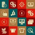 Set Coin money with dollar, Credit card, Money exchange, Yen, Hand holding bag, euro symbol and pound icon. Vector Royalty Free Stock Photo