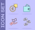Set Coin money with dollar, Financial growth and euro, Hand holding and Wallet icon. Vector Royalty Free Stock Photo