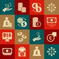 Set Coin money with Yen, Financial growth and euro, Stacks paper cash, Money exchange, bag, Hand holding and symbol icon Royalty Free Stock Photo
