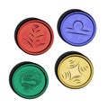 Set of coins. Coin icons with libra, balance, scales, snake, heart. Vector illustration isolated. Red, blue, yellow and Royalty Free Stock Photo