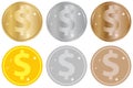 A set of coins, gold, silver or bronze coins