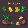 A set of coins and money for game design. A bag of money and coins.