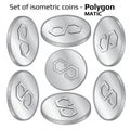 Set of coins Polygon MATIC in isometric view in black and white isolated on white. Royalty Free Stock Photo
