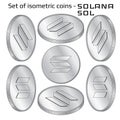 Set of coins Solana SOL in isometric view in black and white isolated on white.