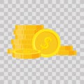 Set coins stack vector illustration, icon flat finance heap, dollar coin pile. Golden money standing on stacked, gold