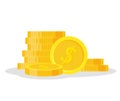 Set coins stack vector illustration, icon flat finance heap, dollar coin pile. Golden money standing on stacked, gold