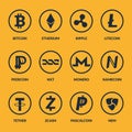 Set of coins with symbols and signs of popular crypto currency