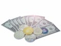 Set of coins on virtual banknotes with gold coins Bitcoin cryptocurrebcy on an isolated white background Royalty Free Stock Photo