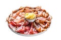 Set of cold cured italian meat Ham, prosciutto, pancetta, bacon. Isolated on white background.